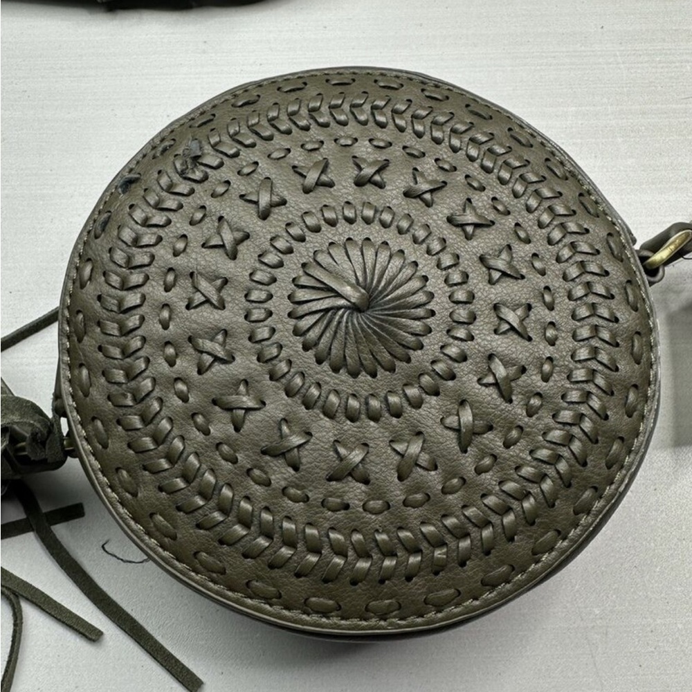 Green Cut Out Stitch Circle Round Tassel Crossbody Purse Bag